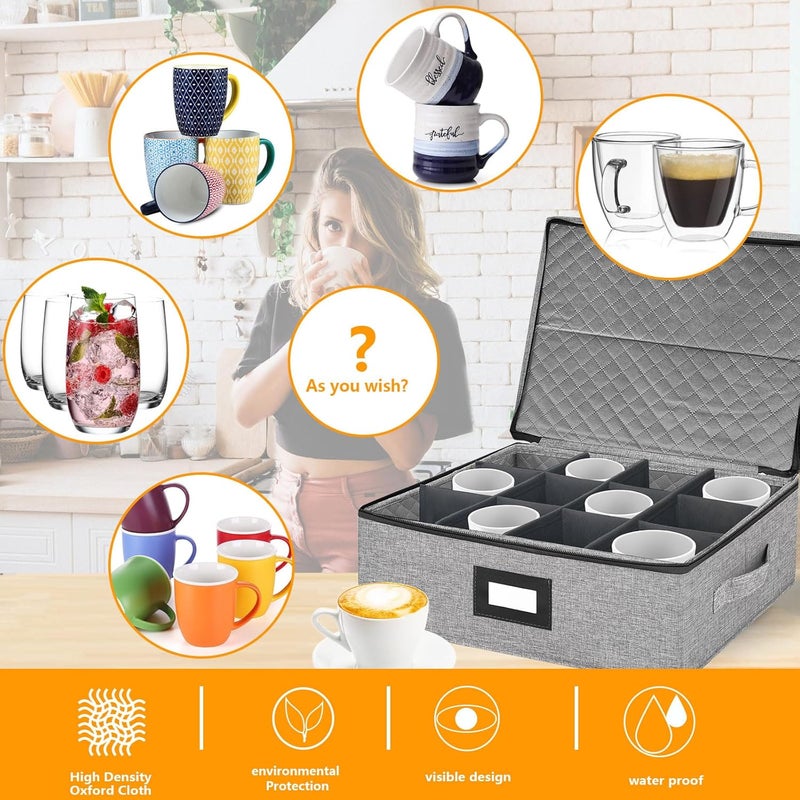 VERONLY Coffee Mug Storage Box with Dividers, China Storage Containers Hard Shell ,Glassware Storage Containers with Zipper Lid and Handles, Stackable for 12 Mugs, Tea Cups, Moving & Packing (Light Grey) - Image 4